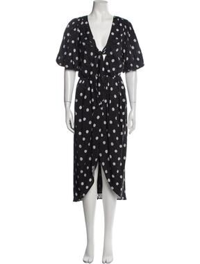 Delfi Collective Black White Polka Dot Tie Front Puff Sleeve Midi Dress Silk